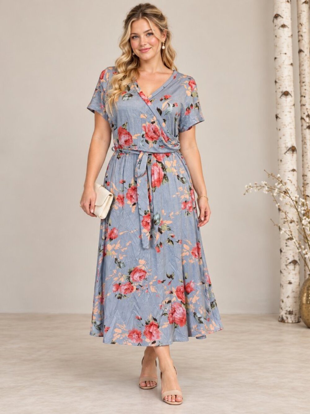 Coco & Main Floral Wrap Midi Dress in Light Blue with Pink Roses XL